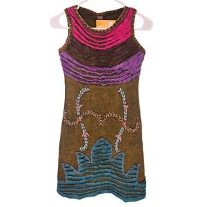 K.P.C Boho Mini Dress Olive Green Handmade Floral Embroidered Fairycore Hippie